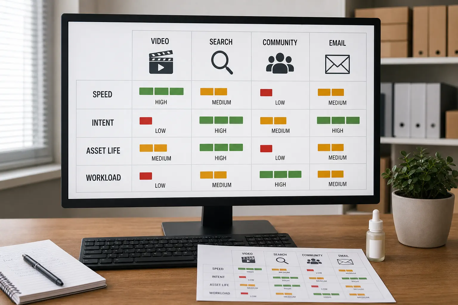 A realistic business dashboard compares short-form video, search content, community participation, and email by discovery speed, buyer intent, asset life, and workload without invented performance numbers
