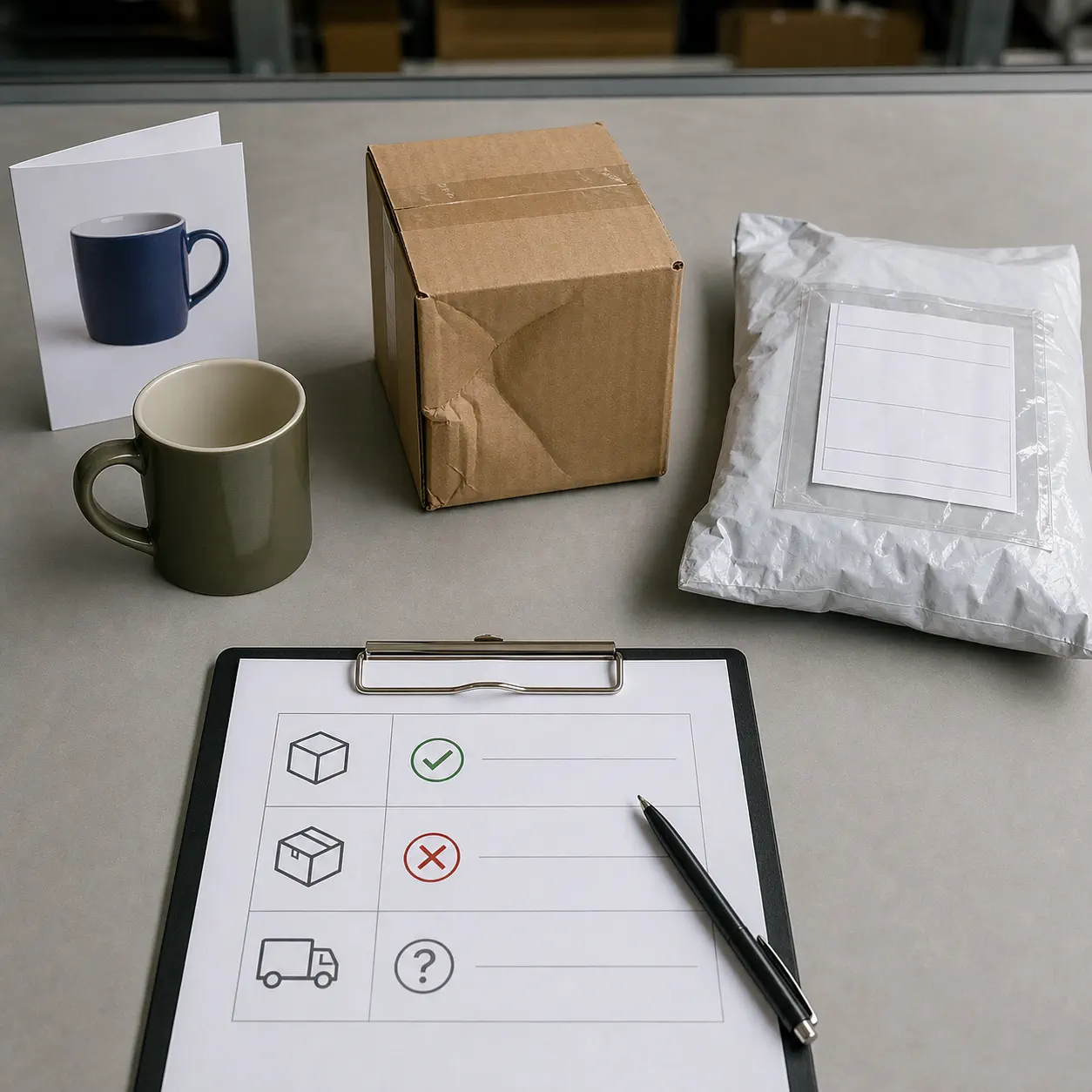 Product mismatch damaged packaging and unclear tracking slips on an inspection table