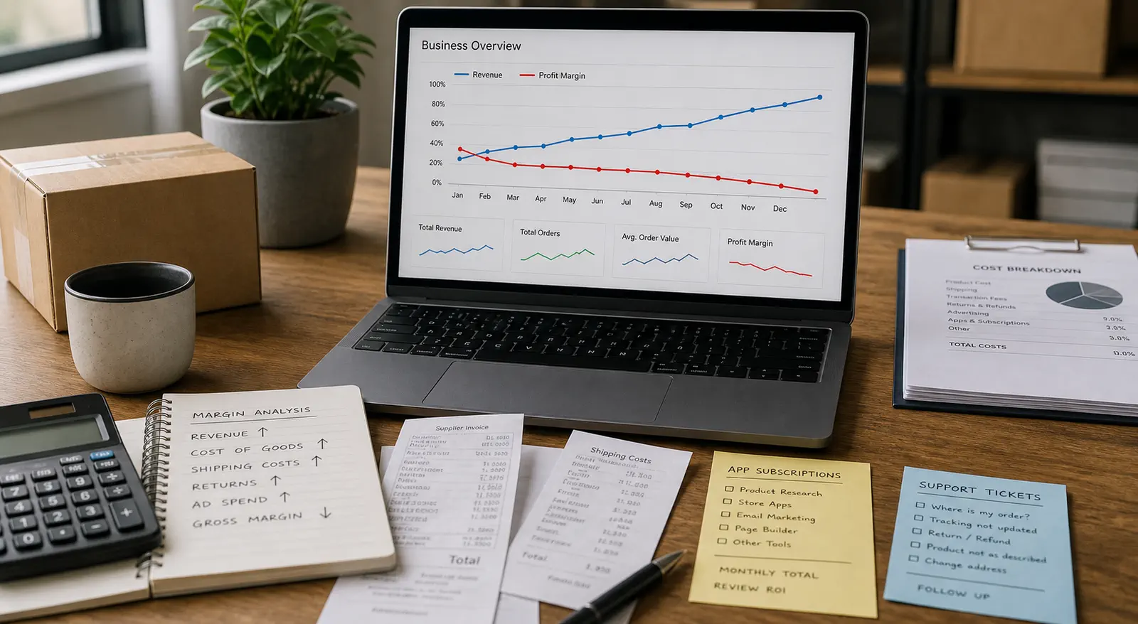 Ecommerce dashboard beside printed margin notes showing revenue rising while operating costs expand