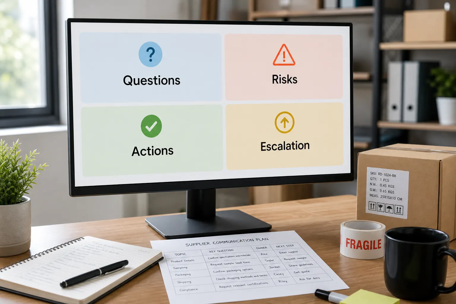 Business dashboard mapping supplier communication questions, risks, actions, and escalation decisions
