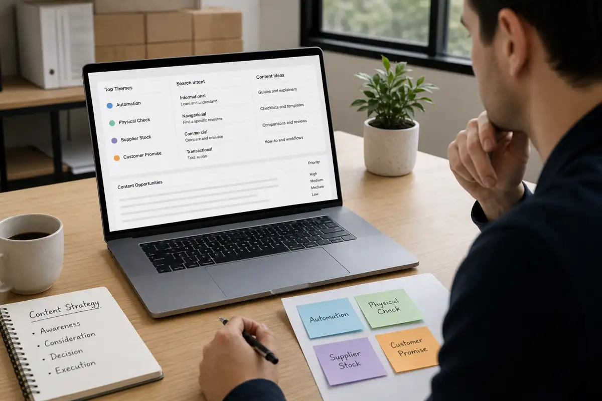 Ecommerce operator reviewing search intent notes about automation, product checks, supplier stock, and customer promise