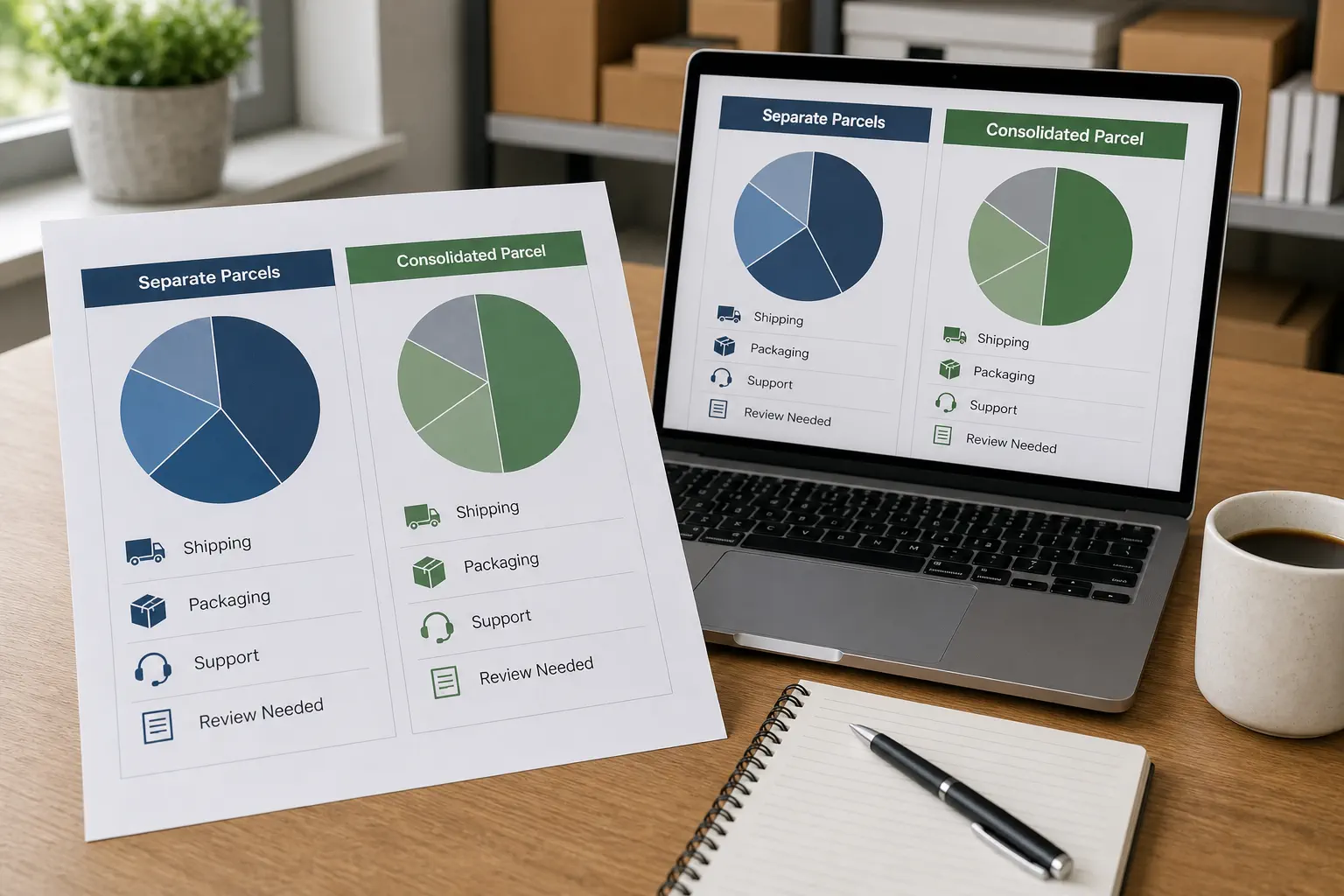 A shipping cost comparison dashboard for separate parcels and one combined parcel