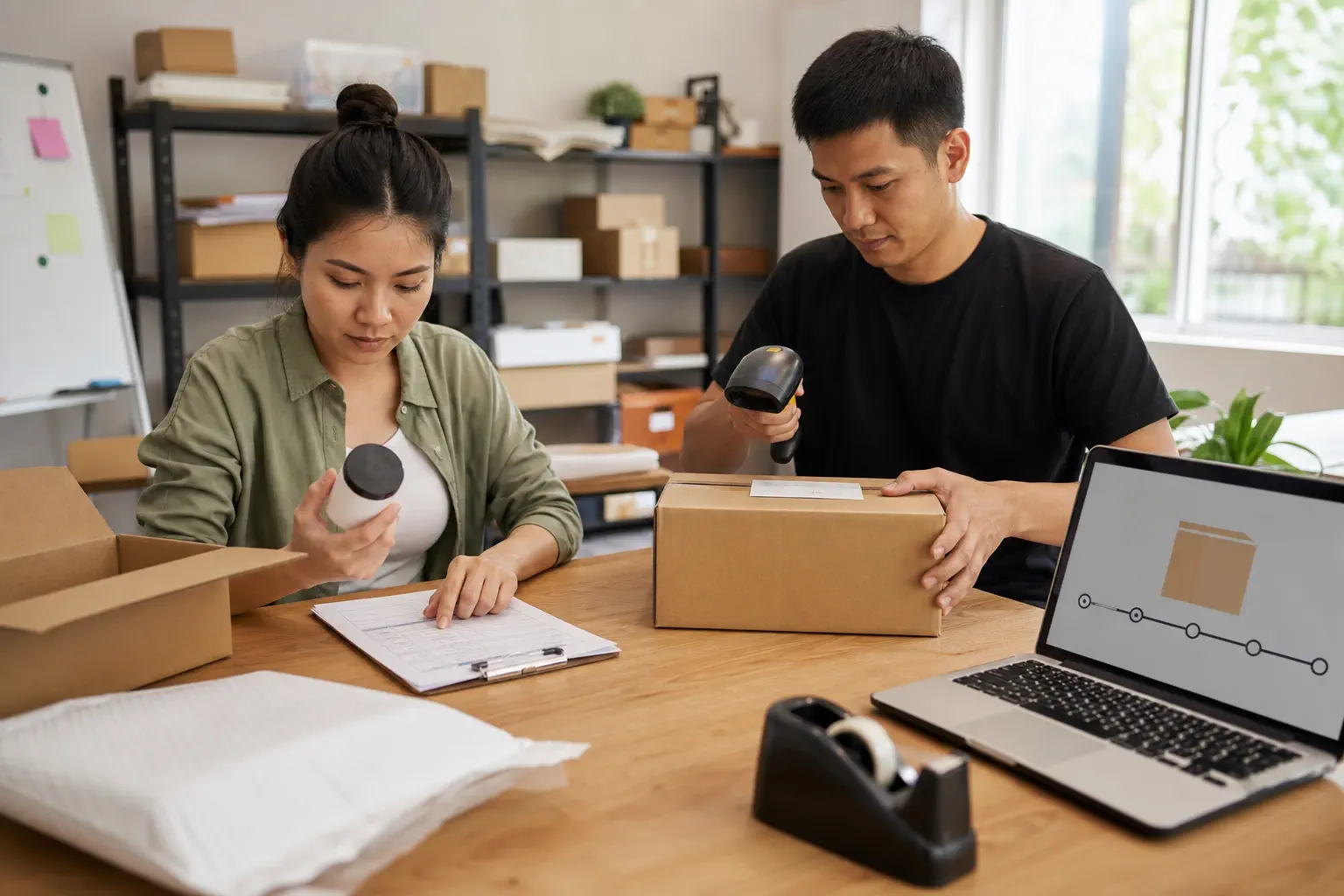 Two operators check a product sample, parcel label, and delivery workflow before dispatch