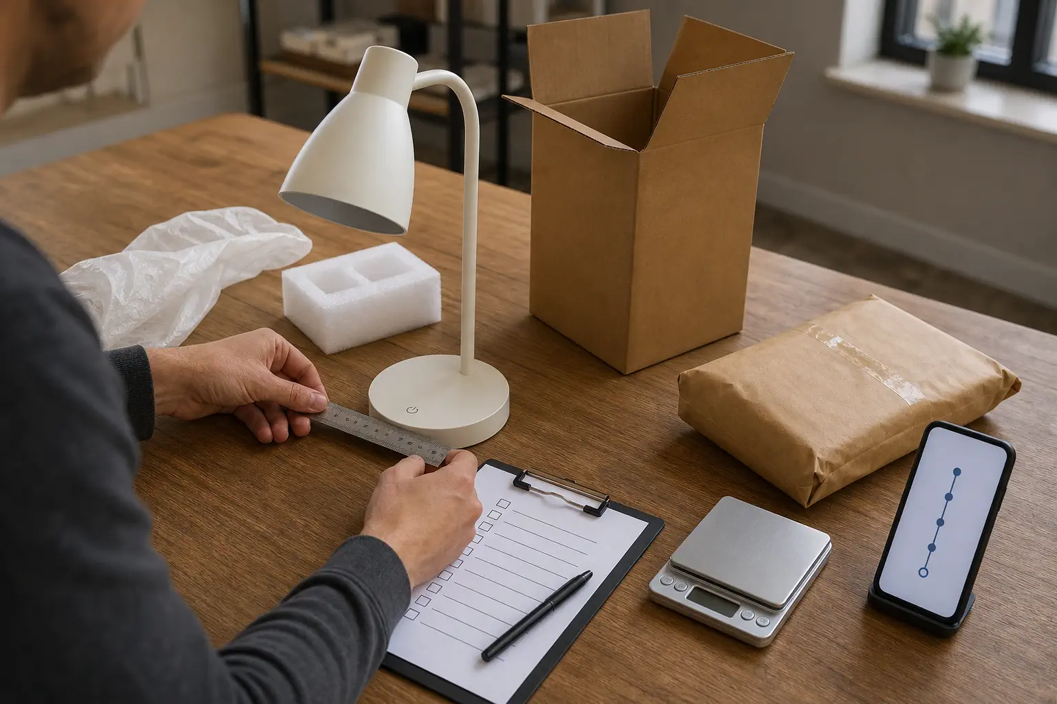 An ecommerce operator inspects an unbranded sample packaging shipping label layout and supplier checklist at a worktable
