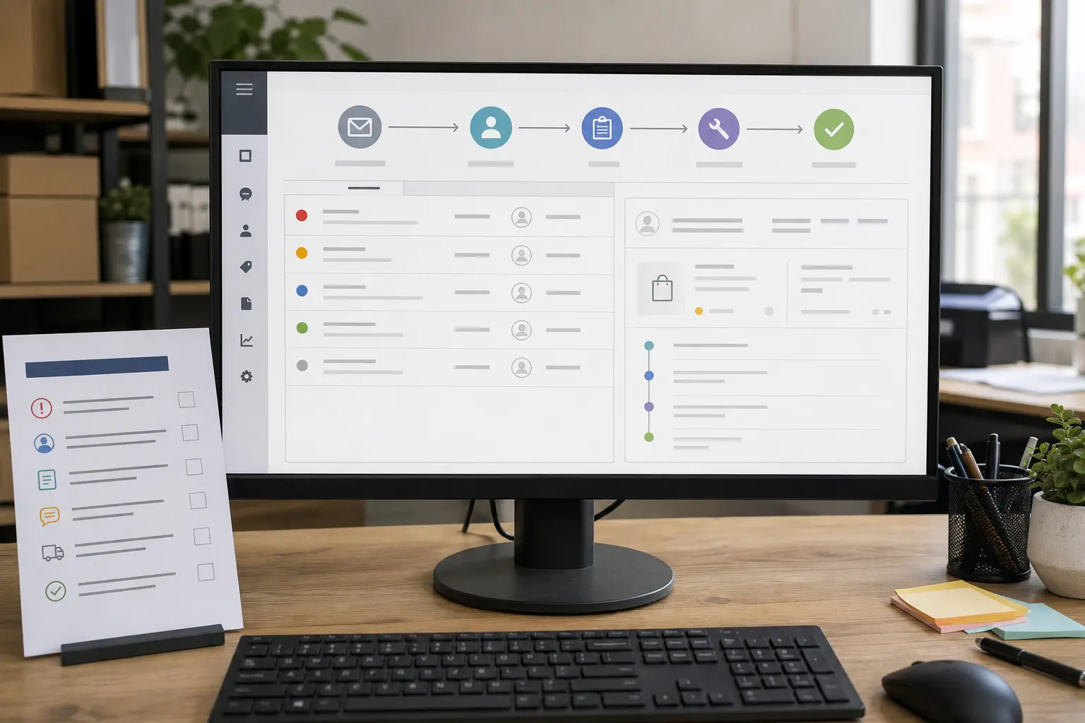 A realistic customer support dashboard on an office monitor shows an organized ticket queue beside order records and a paper escalation checklist
