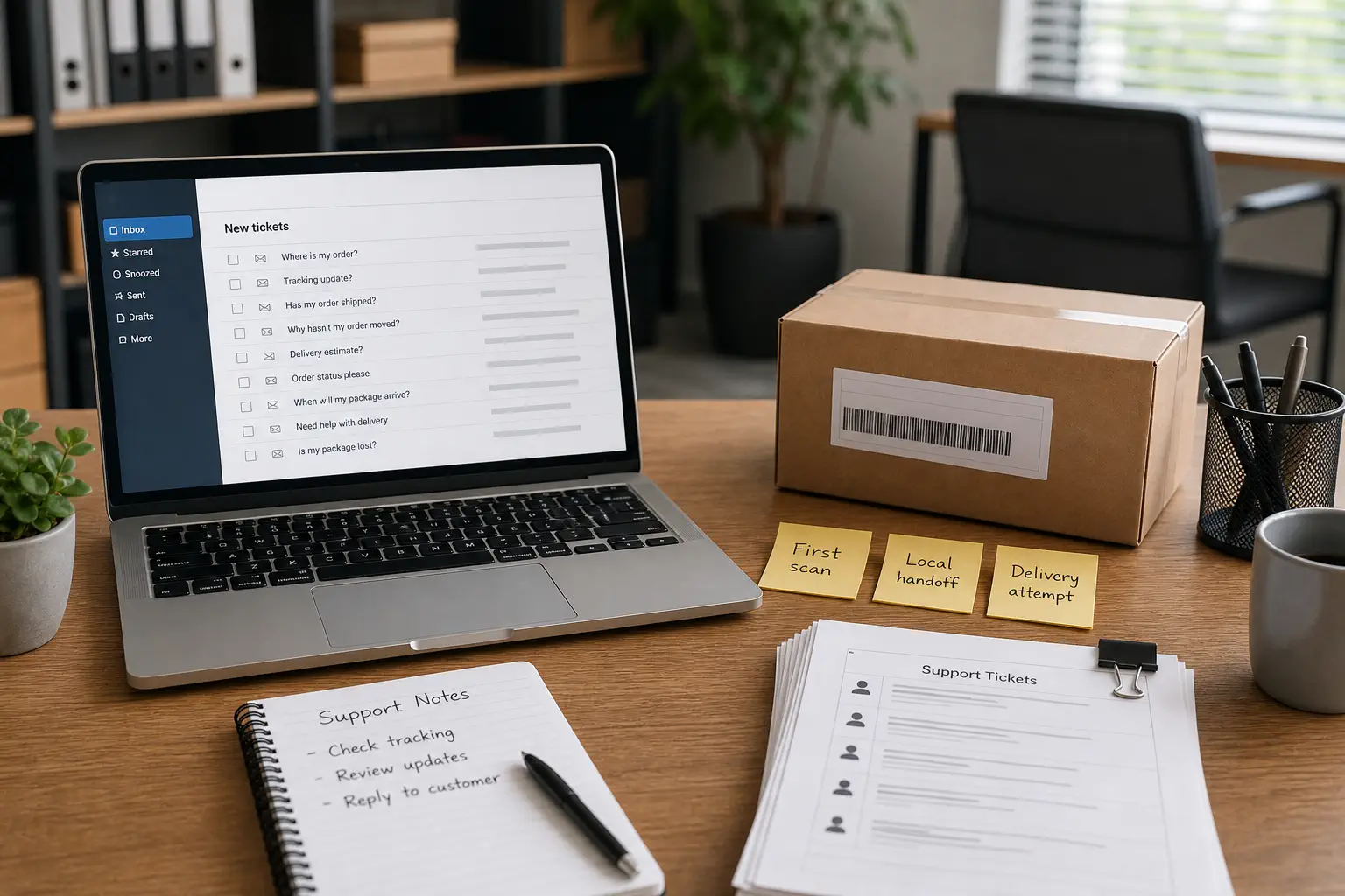Customer support workspace with order-status questions and parcel tracking stages