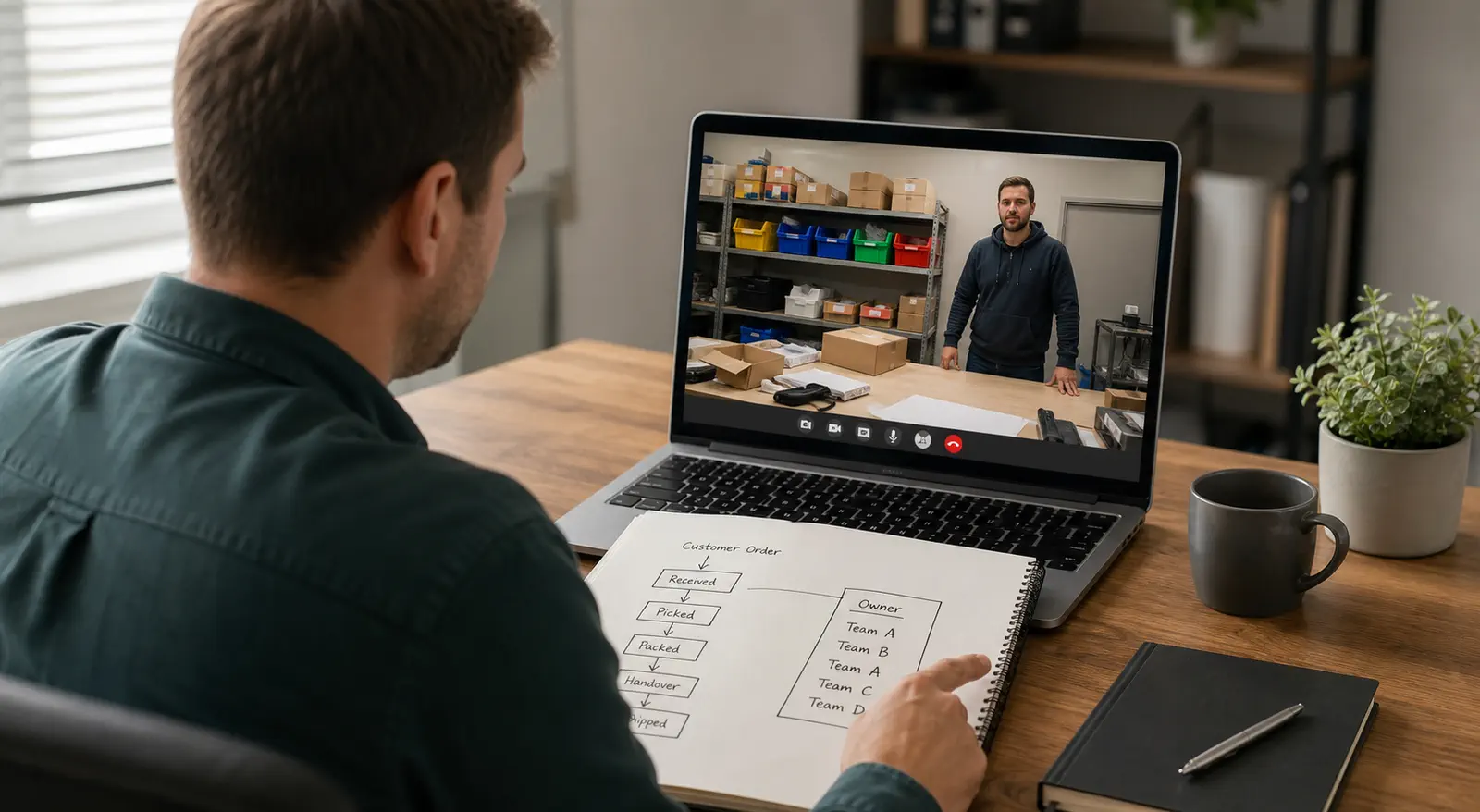 An ecommerce operator on a video call reviewing a real order-handling workspace and responsibility map