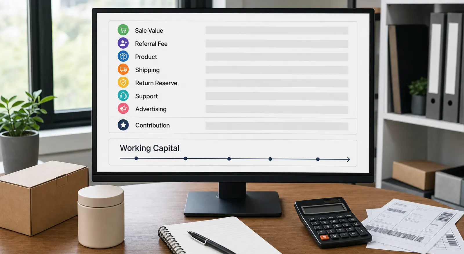A realistic desktop order-cost dashboard separates revenue, referral fee, product, shipping, return, and reserve inputs without showing invented values