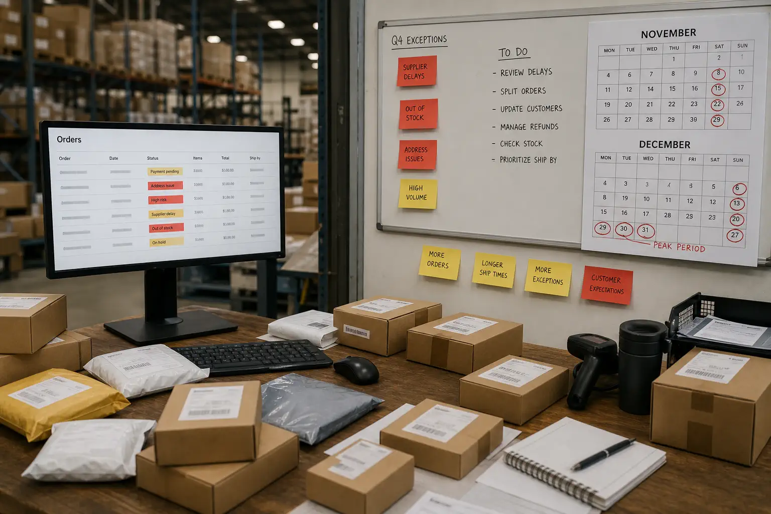 Peak-season ecommerce operations table with parcels, exception notes and holiday calendar