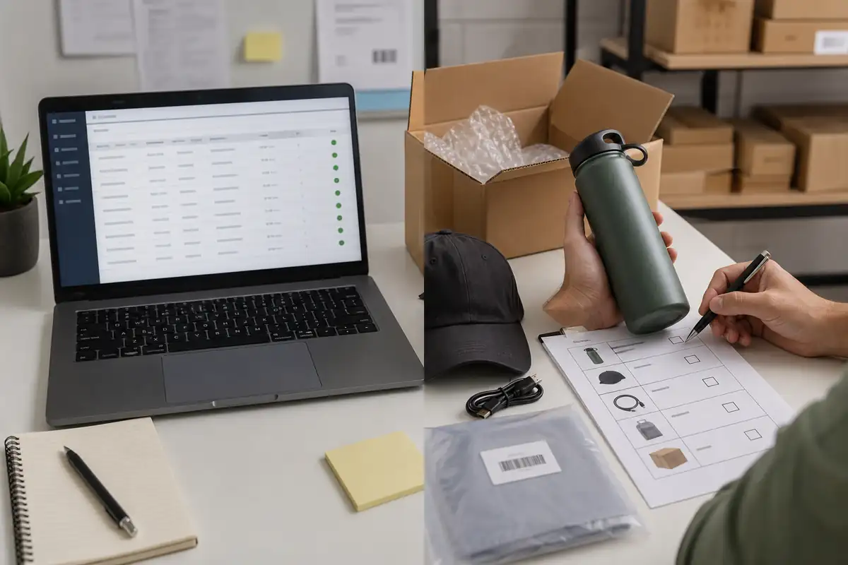 Order syncing software beside hands checking a product, accessories, and package contents