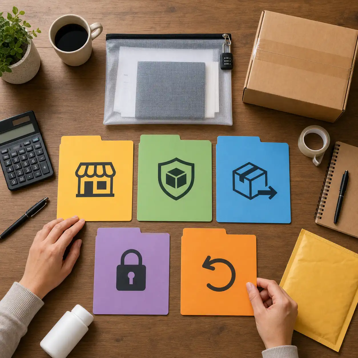 A desk shows folders representing online selling, product controls, shipment rules, privacy, and returns