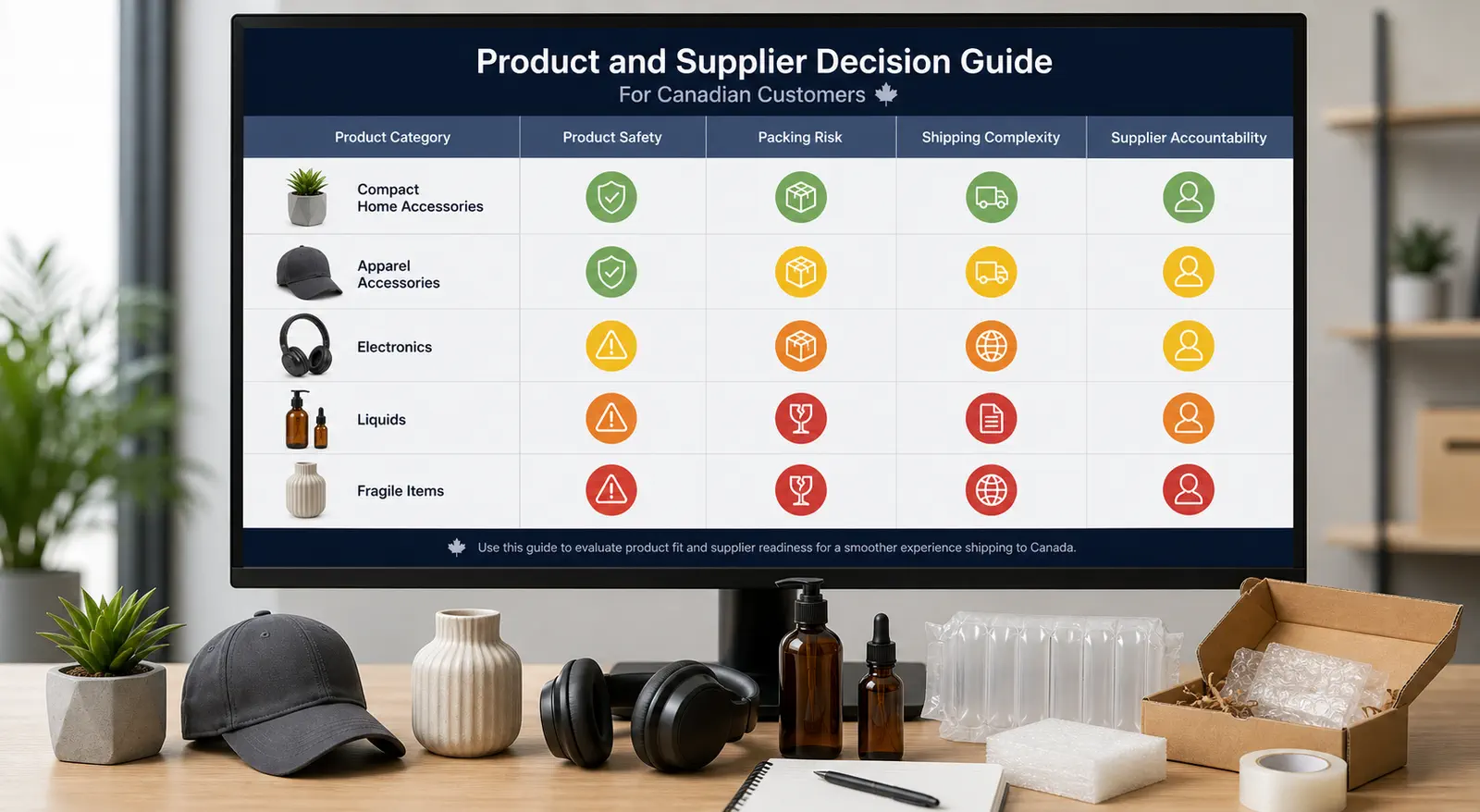 A product and supplier dashboard compares safety, packing risk, shipping complexity, and accountability for Canadian customers