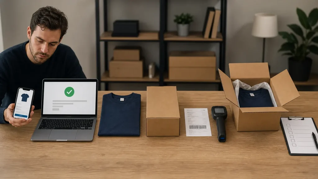 An ecommerce operator follows one test order from mobile checkout through the order dashboard to a packed parcel and tracking check