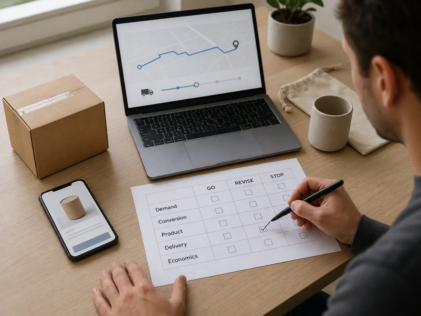 An ecommerce operator checks a physical sample, parcel, phone storefront, tracking page, and a printed go-revise-stop launch checklist at a practical desk
