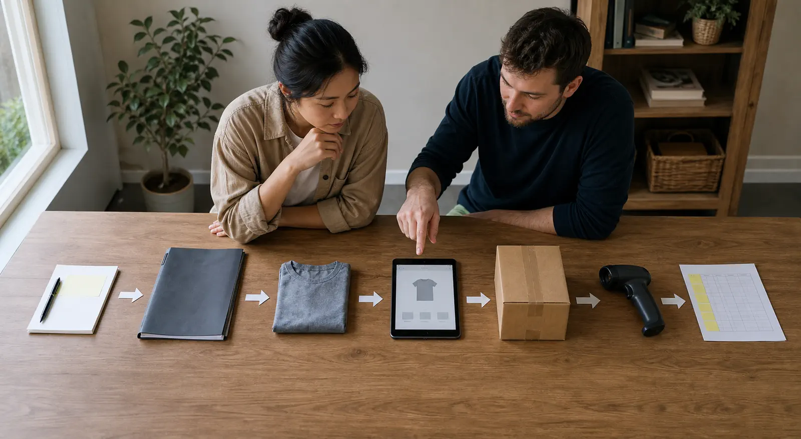Two ecommerce operators review a seven-stage cross-border launch board beside an unbranded sample parcel and destination test-order records