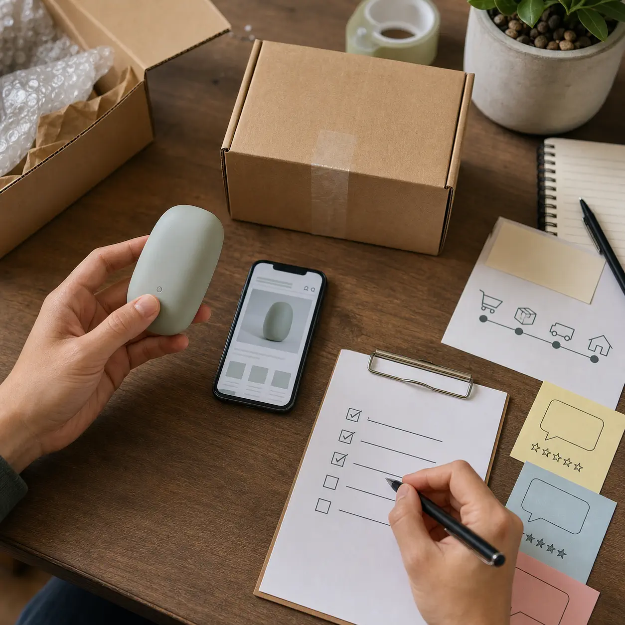 An ecommerce operator reviews an unbranded sample parcel, a small test checklist, customer feedback notes, and an order workflow at a practical desk