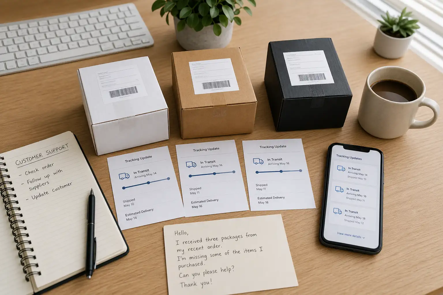 Customer support workspace with split package tracking slips and customer messages