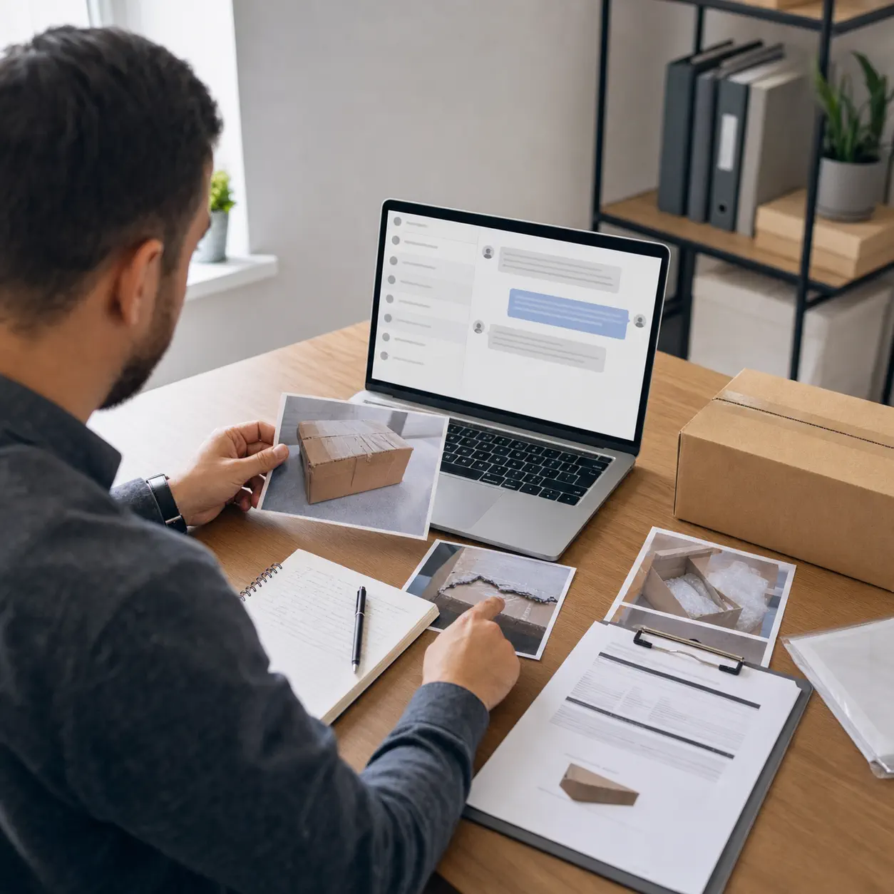 A support manager compares a customer ticket with parcel photos, an order record, and supplier follow-up notes at a practical office desk