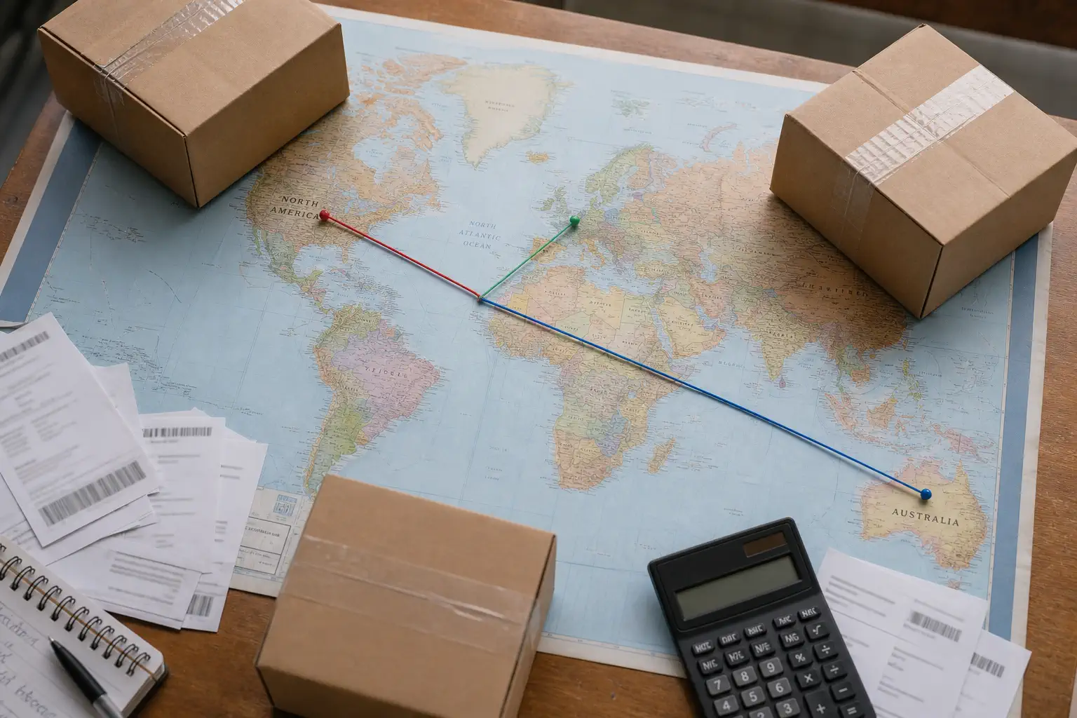 World map with parcels and separate routes to North America, Europe, and Australia