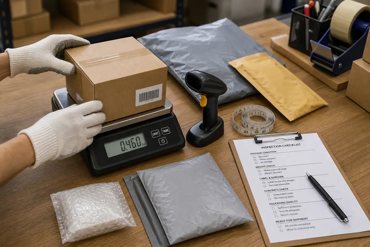 Hands checking a plain parcel on a scale with scanner, measuring tape and inspection checklist for shipping risk control.