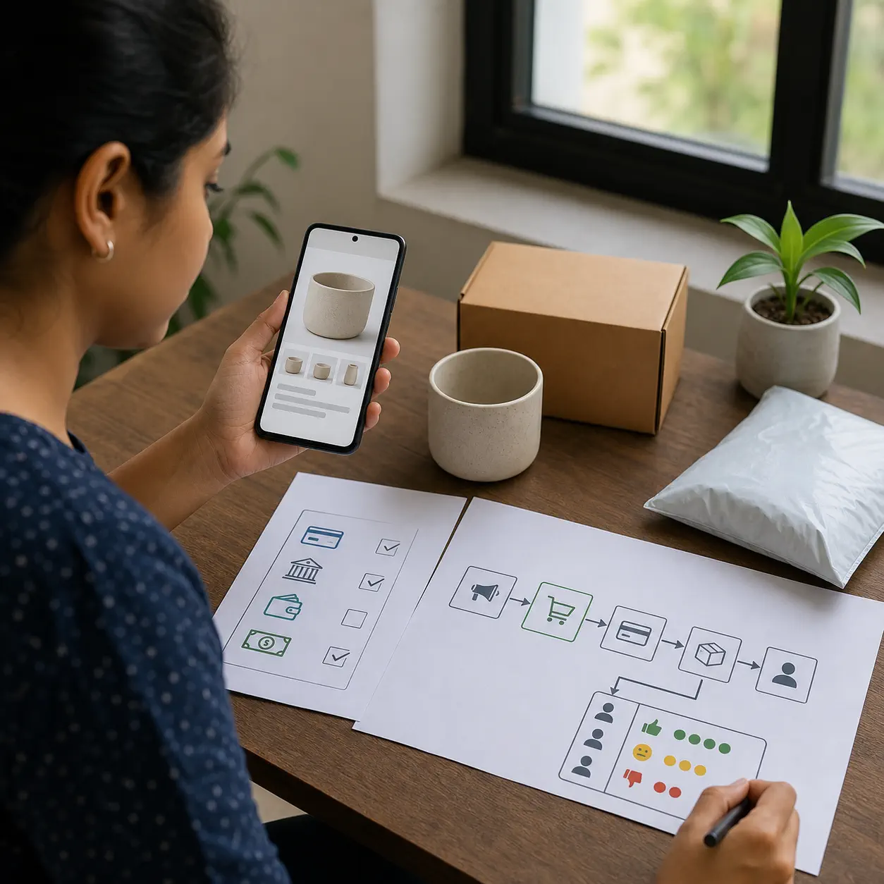 An Indian ecommerce operator reviews a mobile storefront, payment options, a sample parcel, and one-channel customer acquisition test at a practical desk