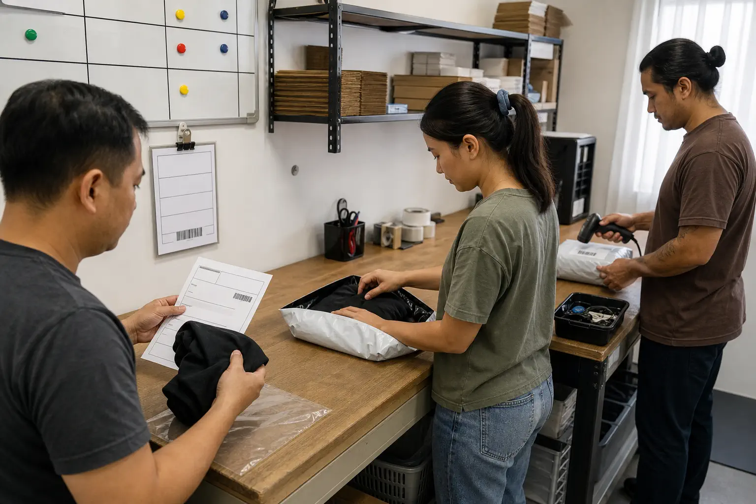 An ecommerce operations team checks a paid order, product variant, packed parcel, carrier scan, and delivery exception queue in sequence