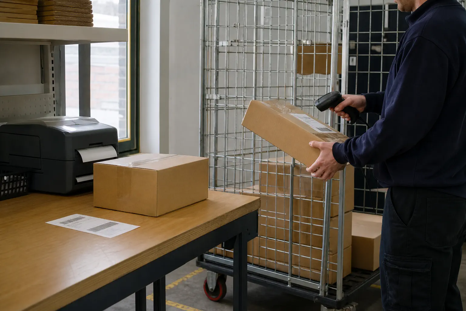A parcel is physically scanned beside a label printer and outbound carrier cage