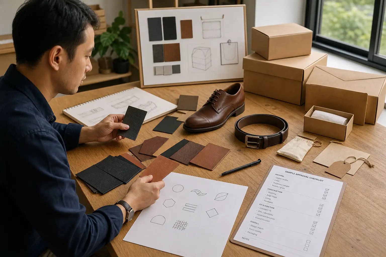 An operator develops original unbranded leather goods with samples, swatches, packaging, and an approval checklist