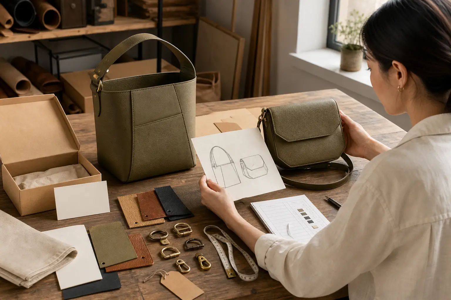A product developer compares original unbranded leather bag prototypes with sketches, material swatches, hardware, and neutral packaging