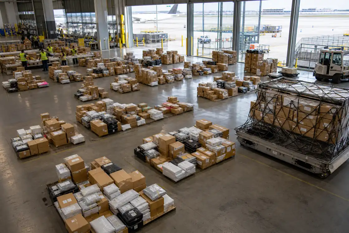 An editorial air cargo consolidation scene with parcels grouped by destination zones
