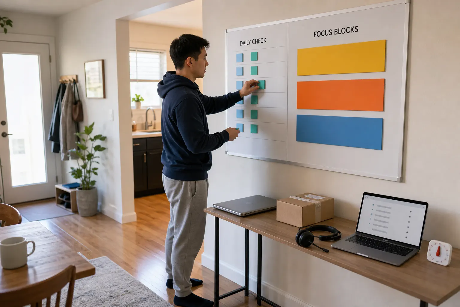 A part-time ecommerce operator follows a weekly wall planner with separate research creative support and review blocks beside a laptop and parcel
