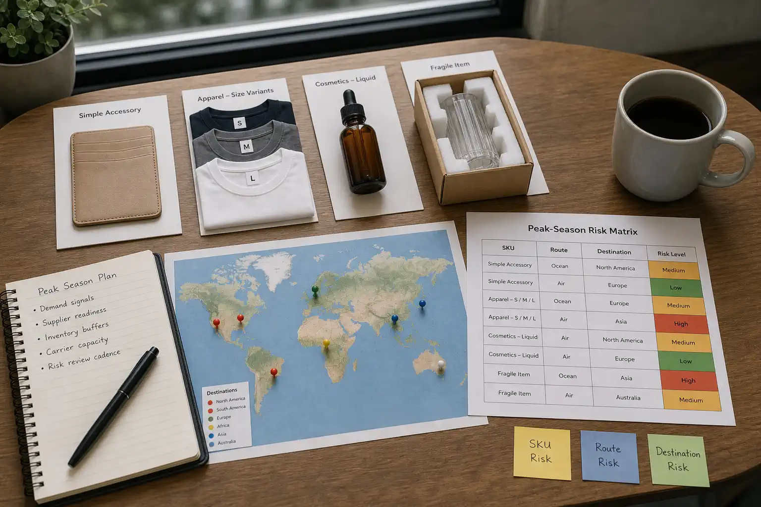 SKU and destination risk planning desk with product cards and route map