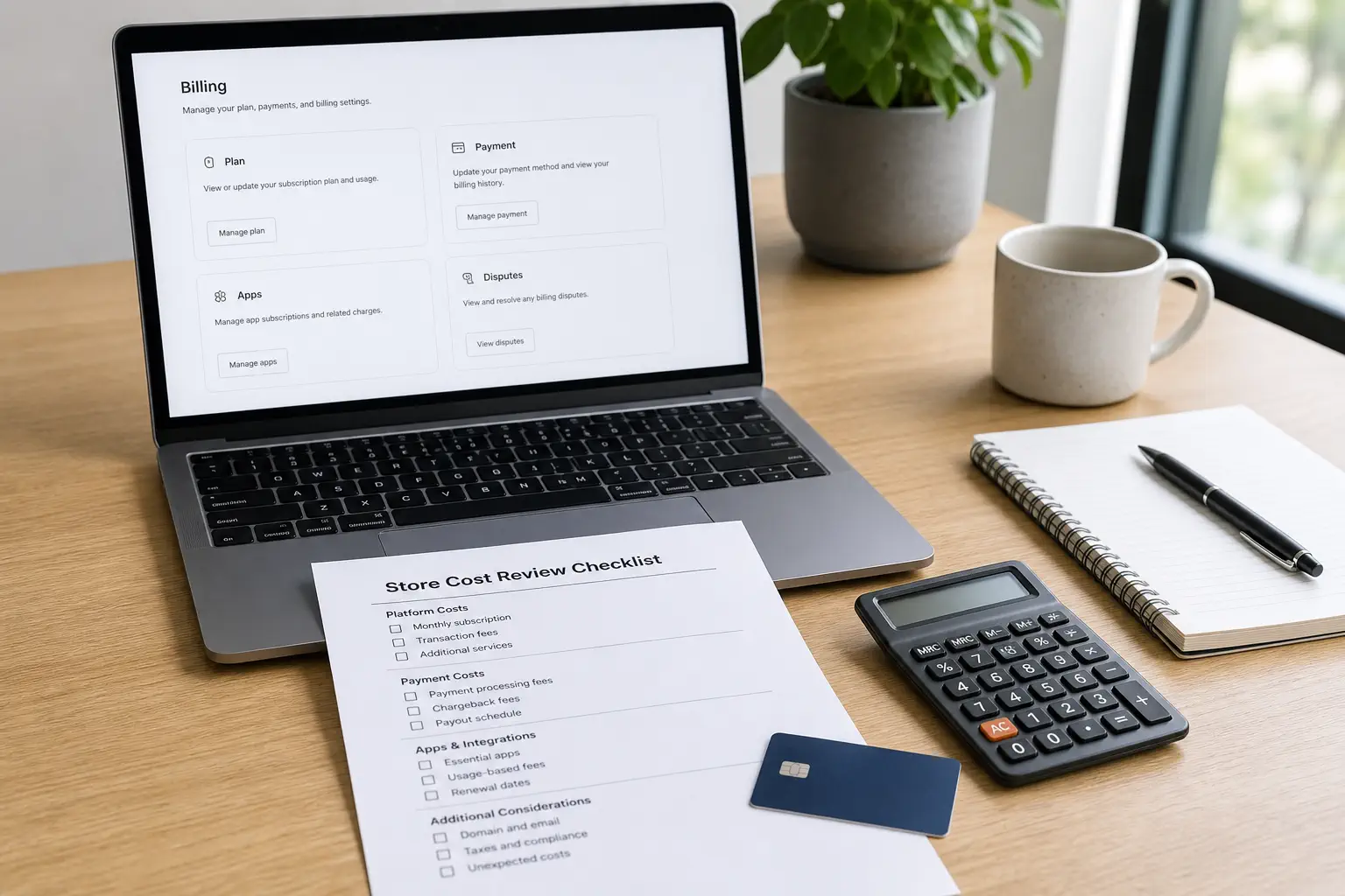 Laptop open to a generic ecommerce billing workspace with plan app and payment fee checklist