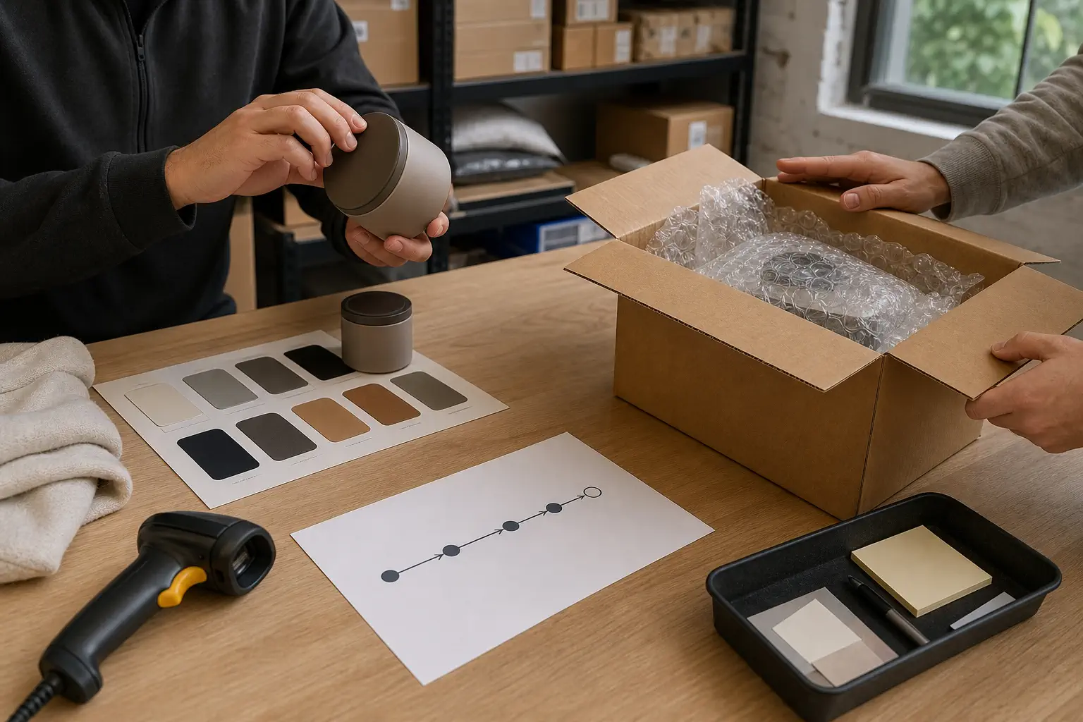 An ecommerce operations desk shows a product sample, variant check, packed parcel, tracking milestone sheet, and customer-support exception queue in a grounded editorial scene