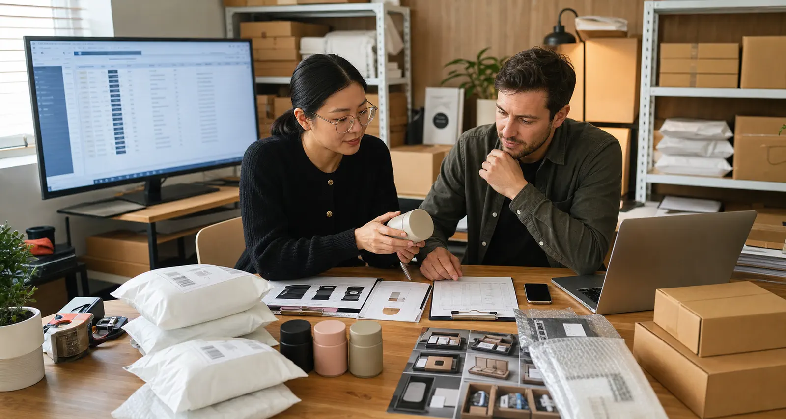 An ecommerce operator and a China-based private agent review a product sample, packaging references, order records, and prepared parcels
