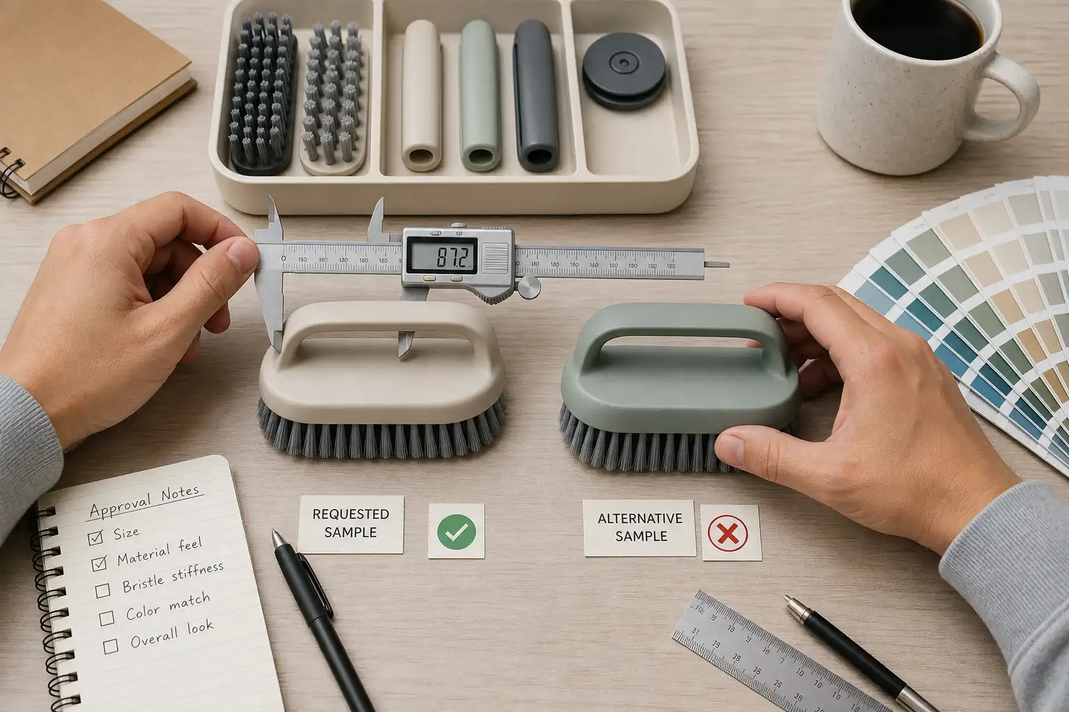 Two product samples on a comparison desk with specifications, variant labels, and approval notes
