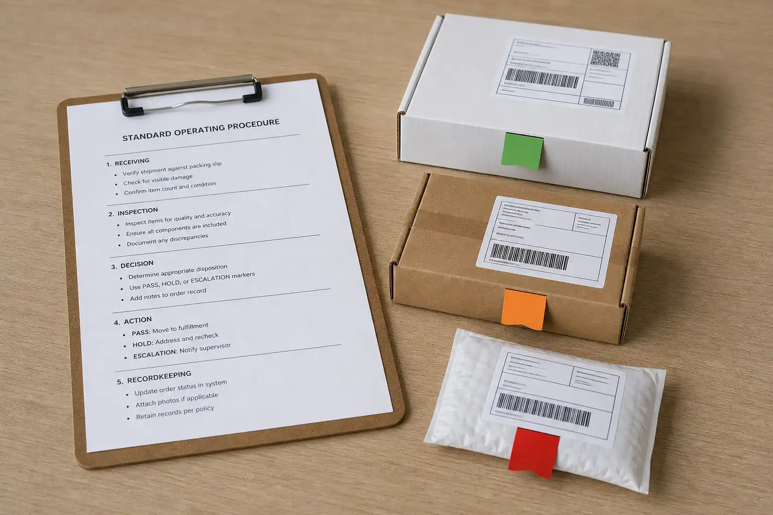 Printed standard operating procedure beside order samples with visible pass, hold, and escalation checkpoints