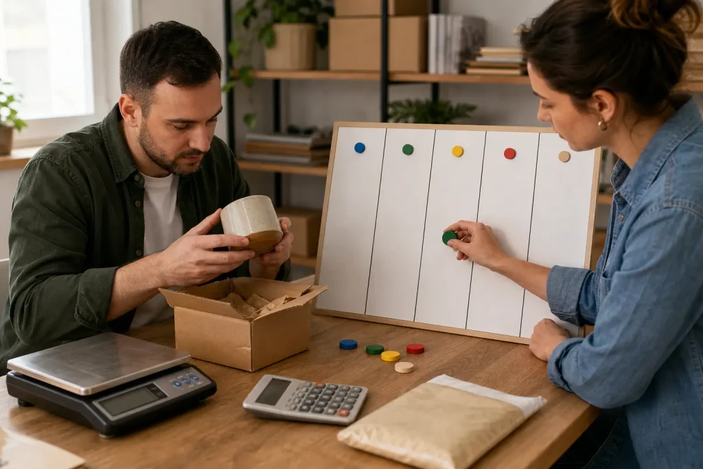 Two ecommerce operators reviewing a delivered product, parcel, calculator, and five-part physical score board