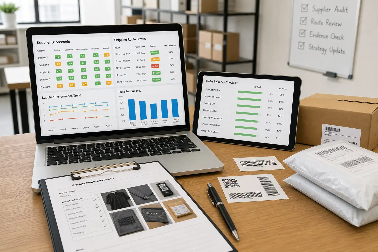 Supplier route audit dashboard with parcel evidence checklist