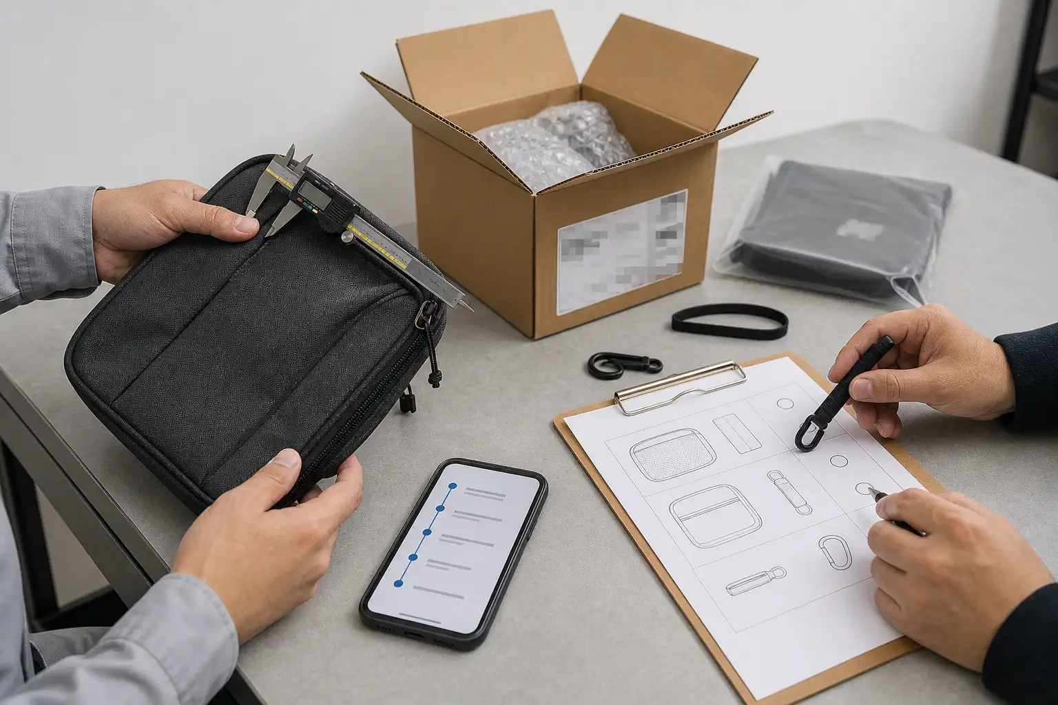 Two people inspect an unbranded sample, included parts, packaging, and a conceptual tracking path