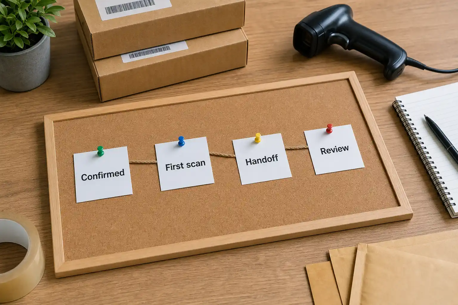 Shipment confirmation first scan local handoff and exception review workflow cards