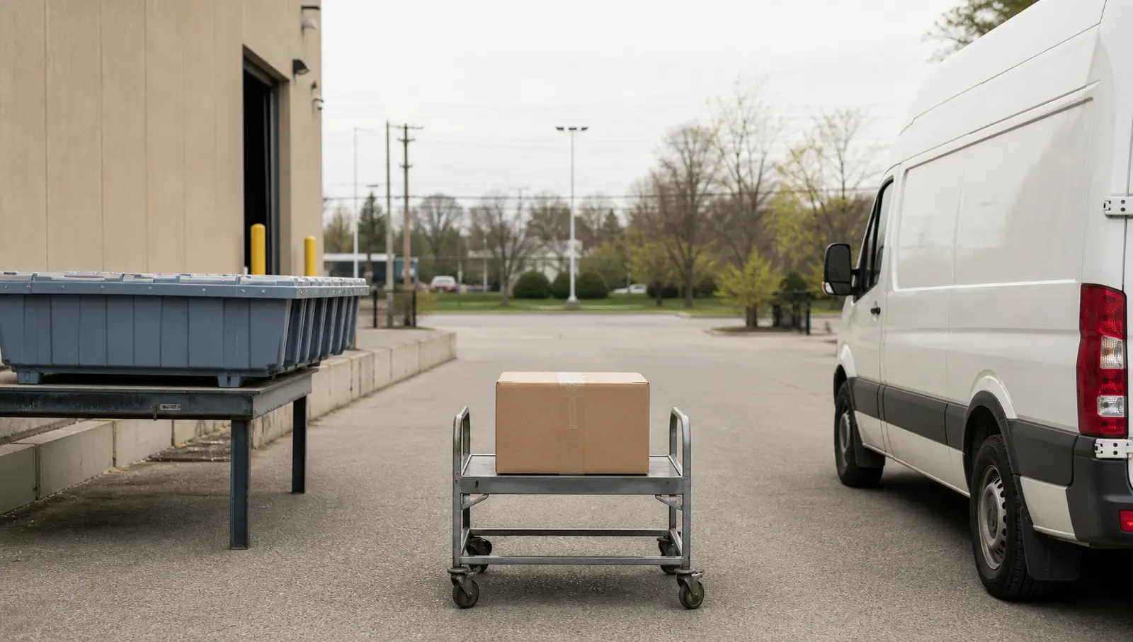 USPS mail trays beside an unbranded regional courier van showing two possible final-mile paths