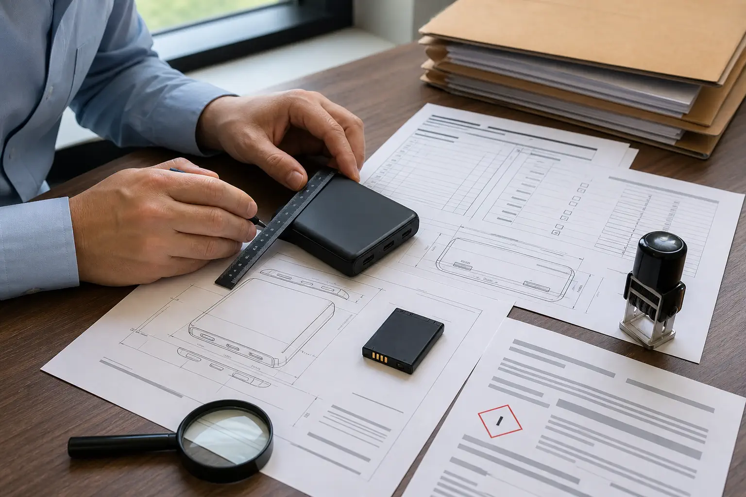 Compliance review table with a device model, battery test summary, safety sheet, and matching checklist