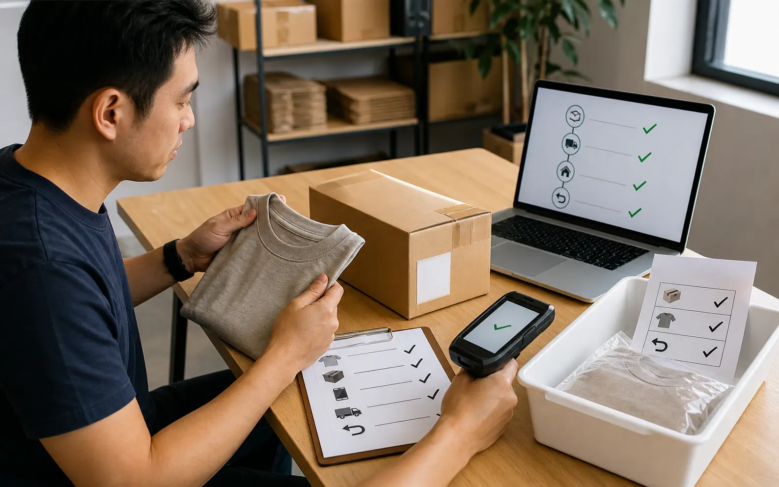 An ecommerce operator checks a supplier sample, neutral parcel, carrier scan, delivery record, and return checklist during an end-to-end test order