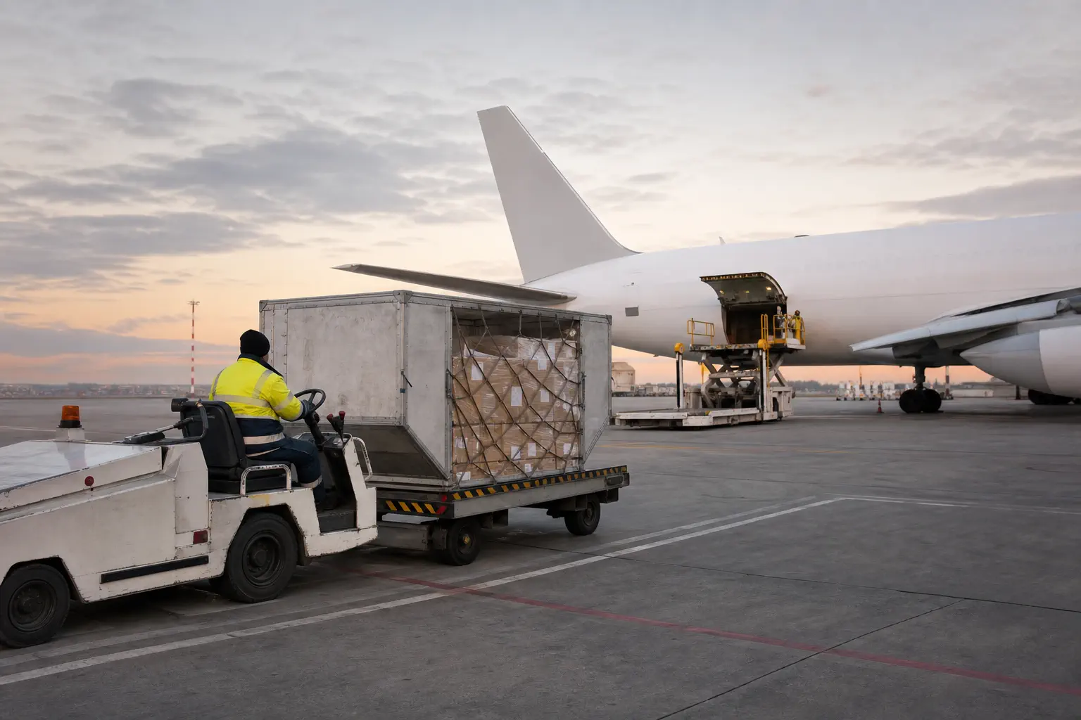 A secured air-cargo unit of parcels moves toward an aircraft loading bay