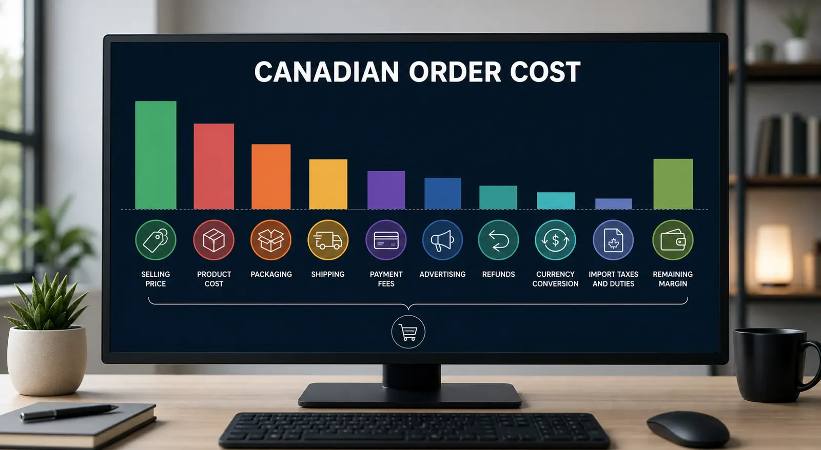 A Canadian order cost dashboard shows product, packing, shipping, fees, advertising, refunds, currency conversion, import taxes, and remaining margin