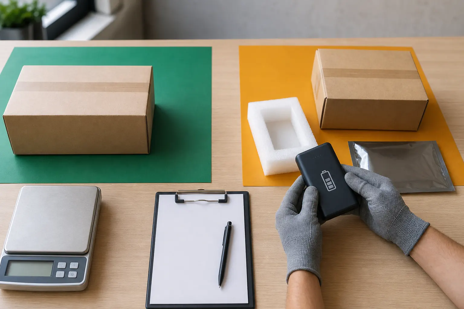 Inspection bench separating a plain parcel from a lithium-battery device and protective packing