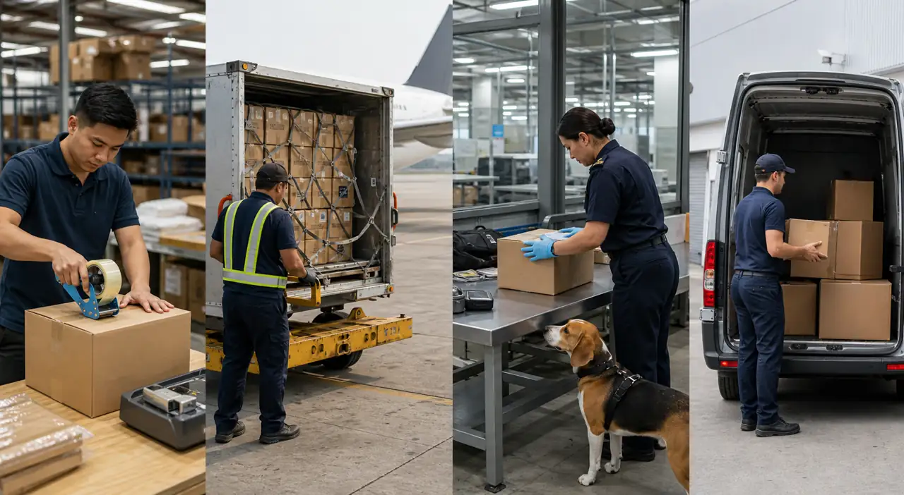 A four-stage parcel handoff from origin processing to air linehaul, customs and local delivery