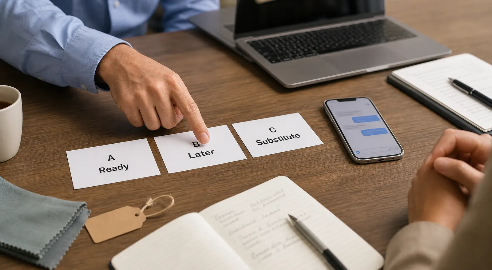 Cross-border supplier clarification desk with option cards for ready later or substitute decisions