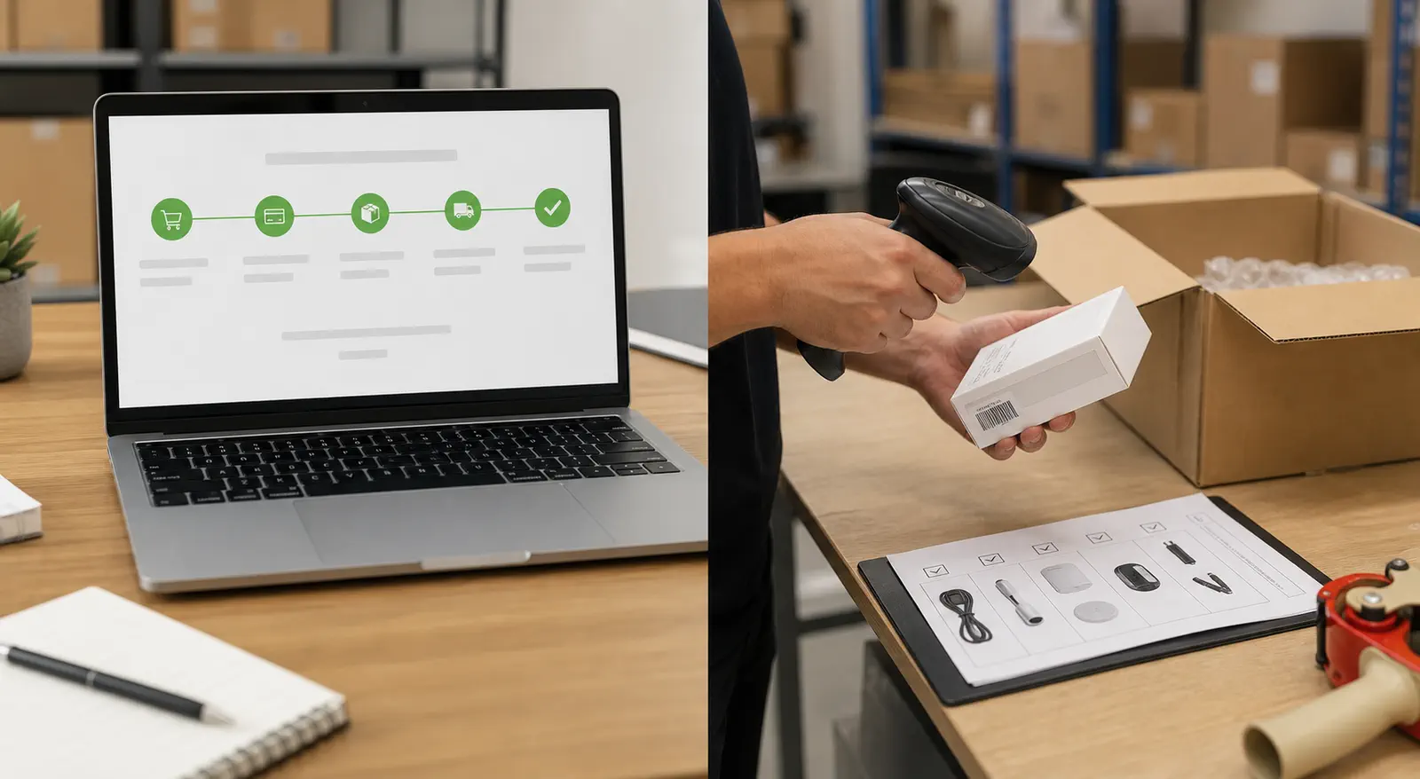 Laptop order status beside a real packing checklist and scanned product, contrasting digital data with physical proof